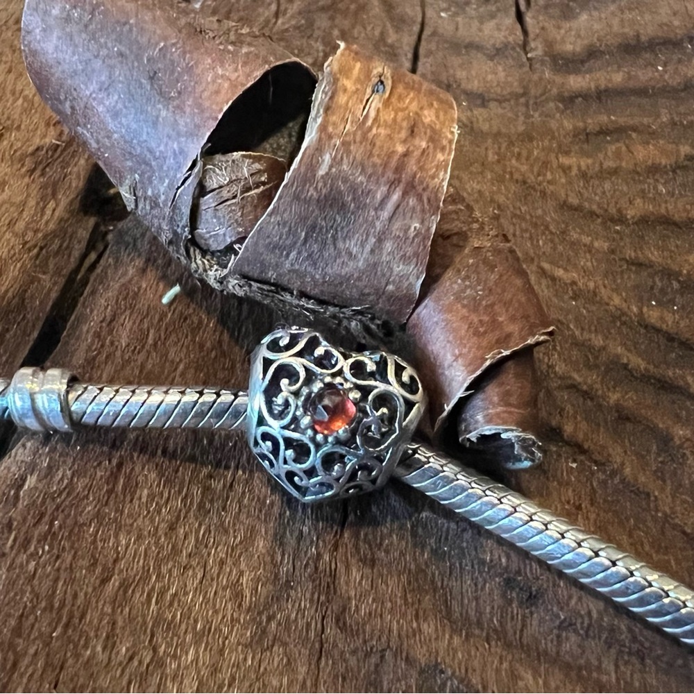 Authentic Pandora Charm January Garnet Heart Filigree Openwork Birthstone